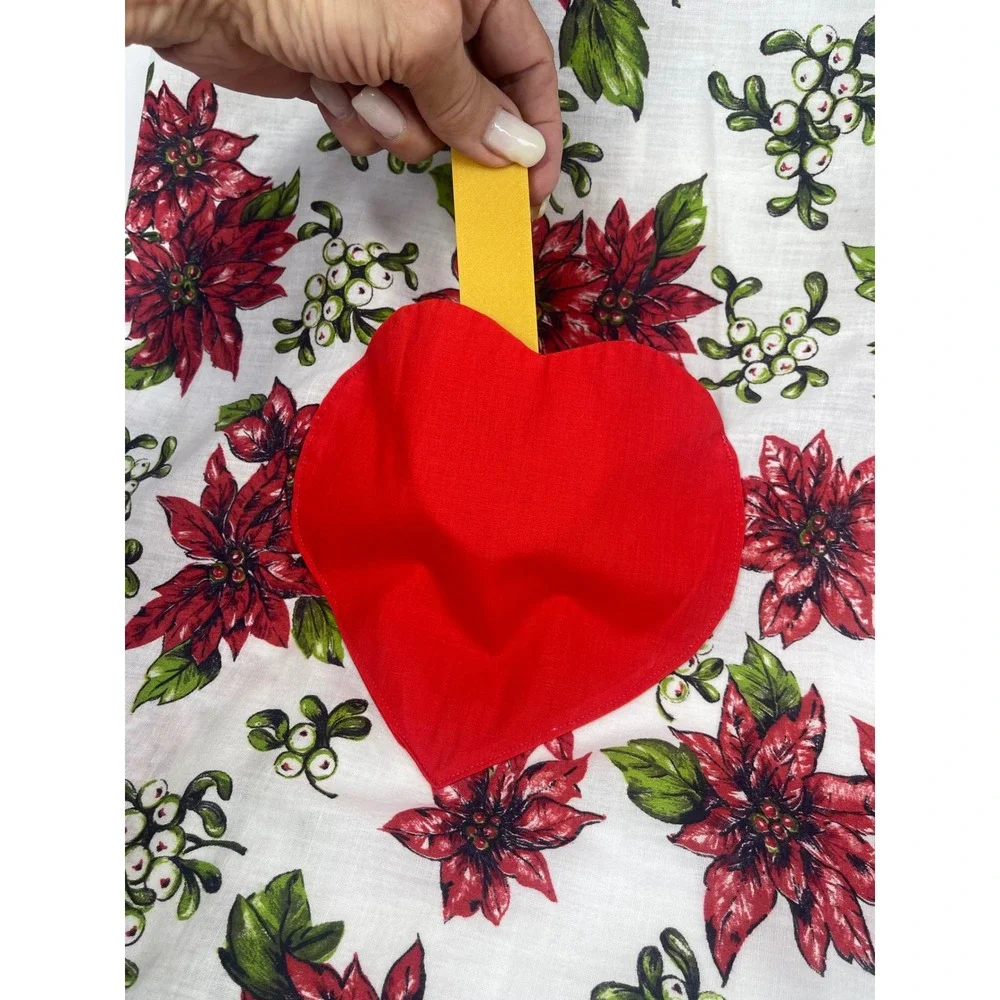 Vintage Handmade Poinsettia Heart Pocket Pinafore Apron White Red
